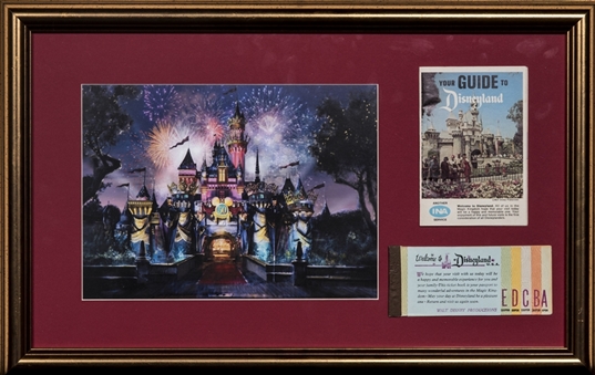 Thomas Kinkade Disneyland 50th Anniversary Artwork With Original Tickets & Guide In 22x14 Framed Display